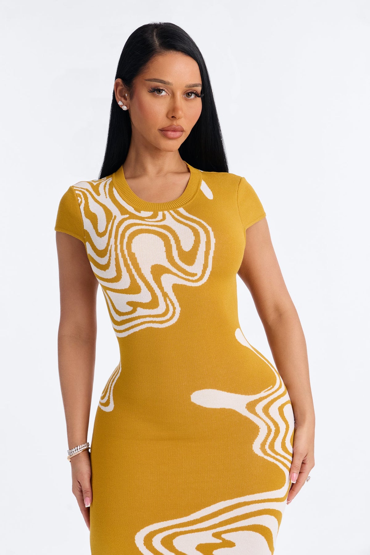 Chantel Abstract Sleeveless Midi Dress - Mustard
