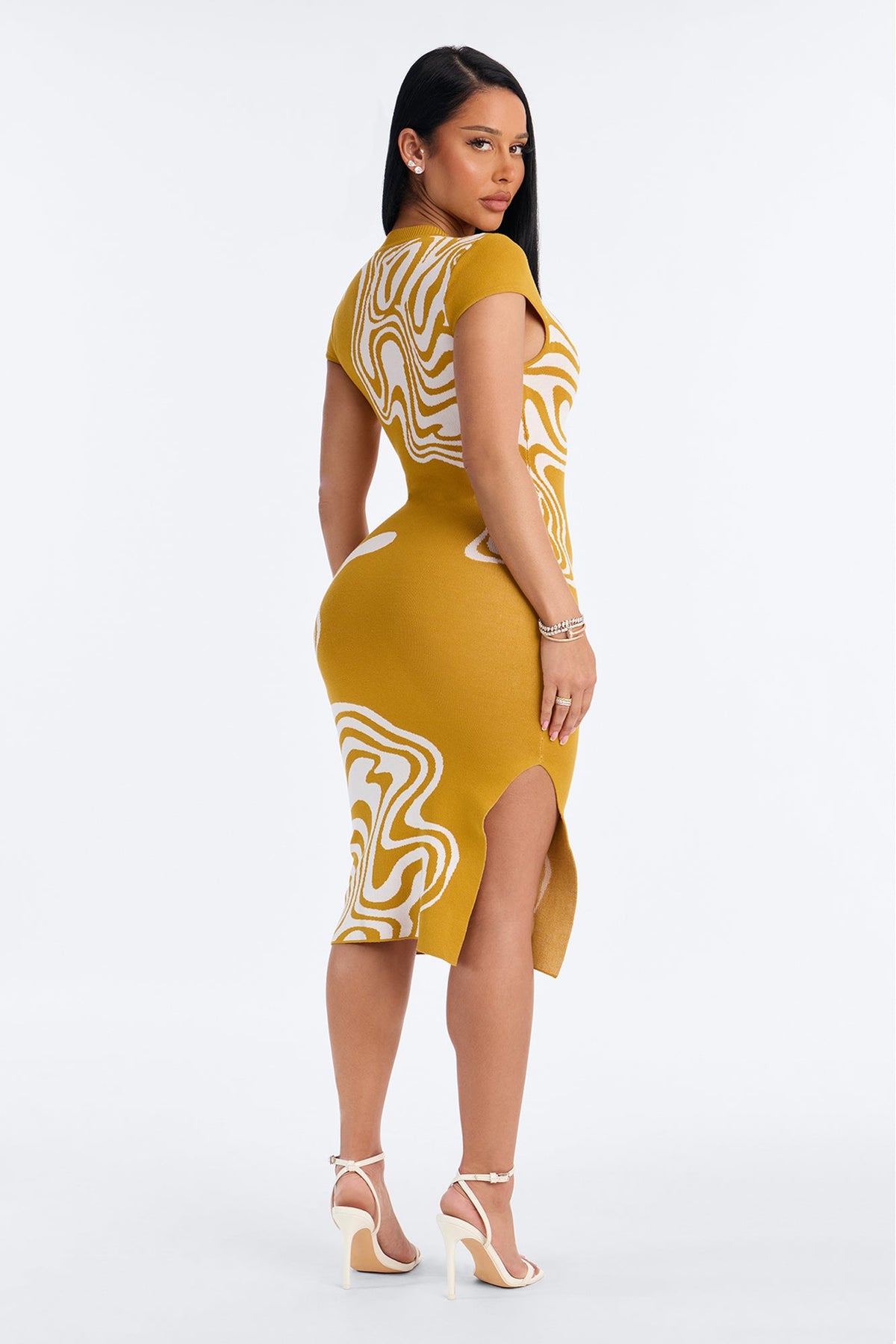 Chantel Abstract Sleeveless Midi Dress - Mustard