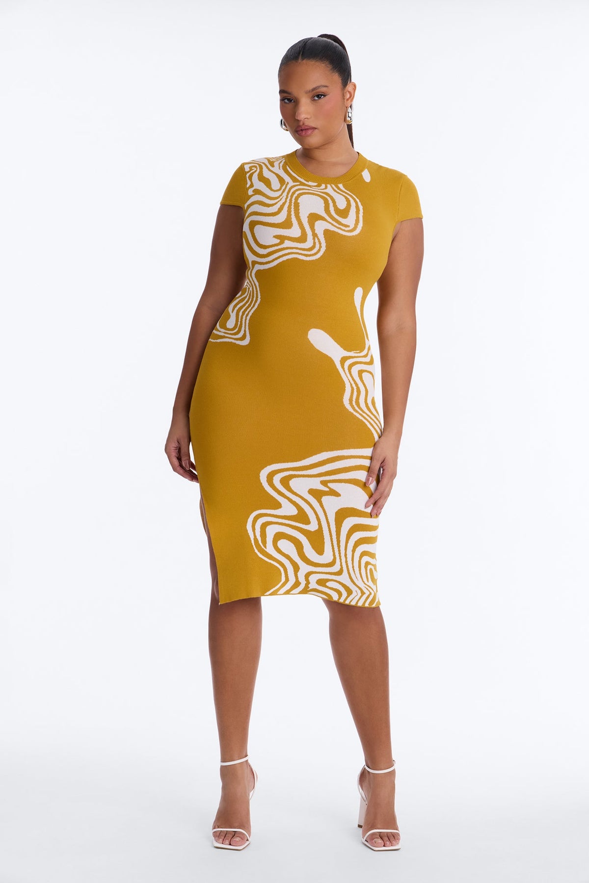 Chantel Abstract Sleeveless Midi Dress - Mustard