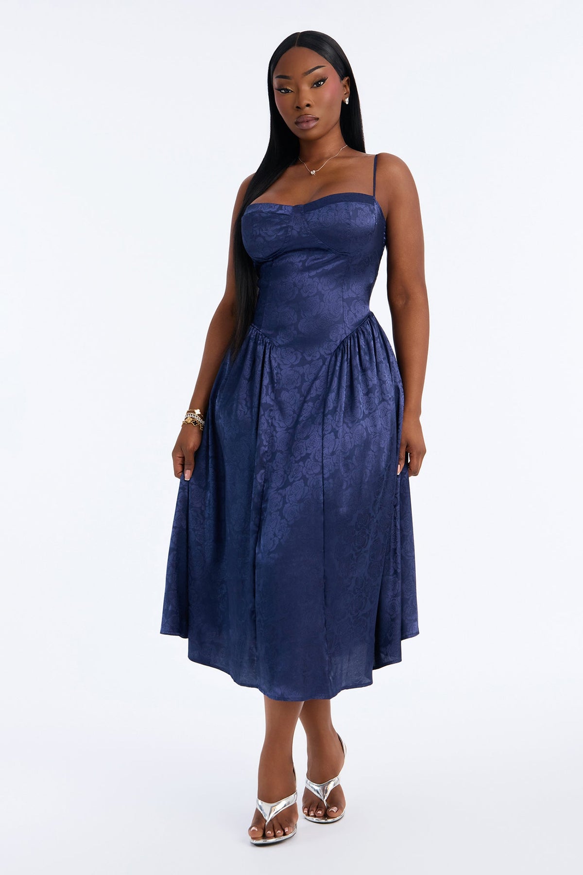 Stacey Satin Corset Midi Dress - Navy