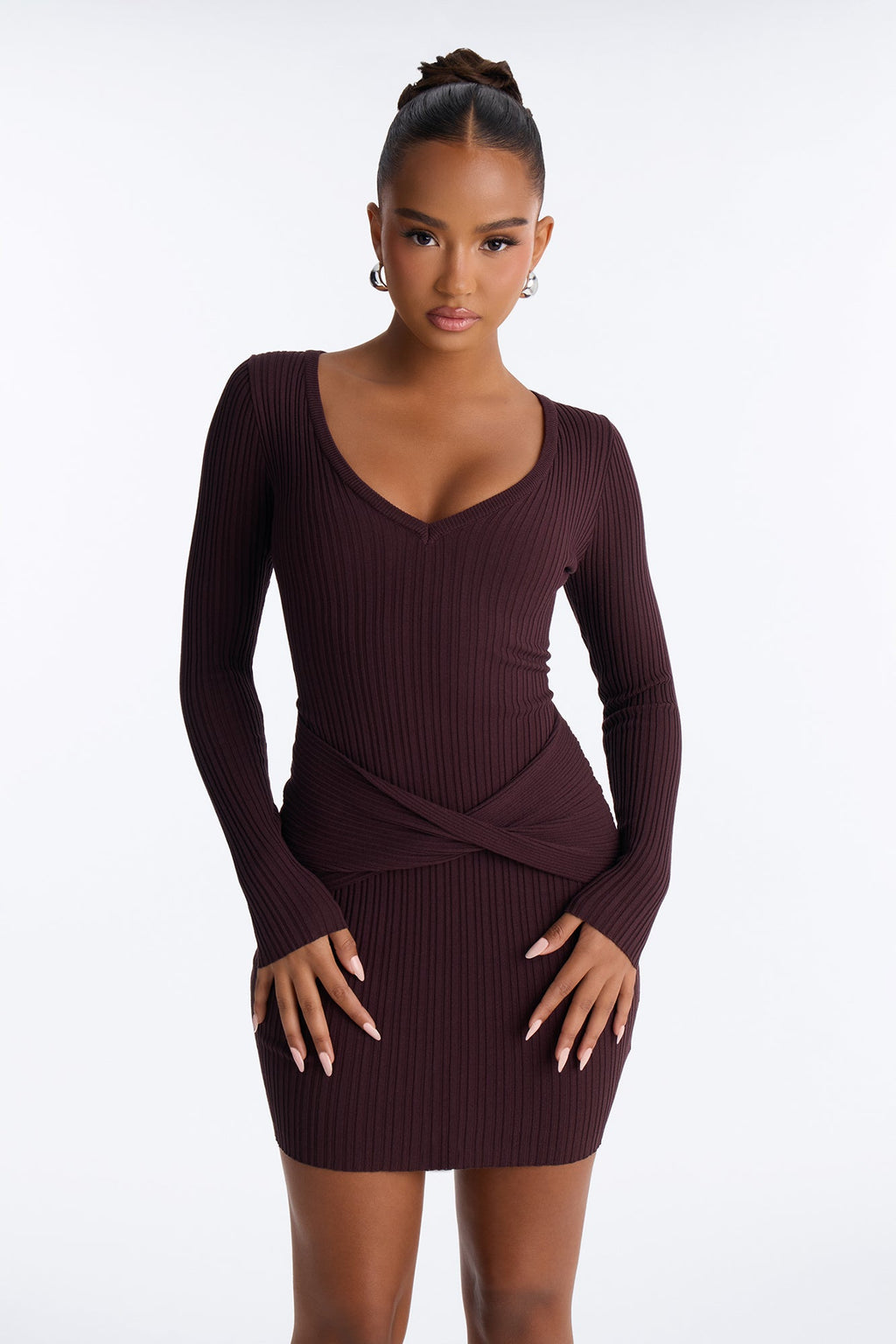 It's Giving Chic Twist Front Sweater Mini Dress - Chocolate