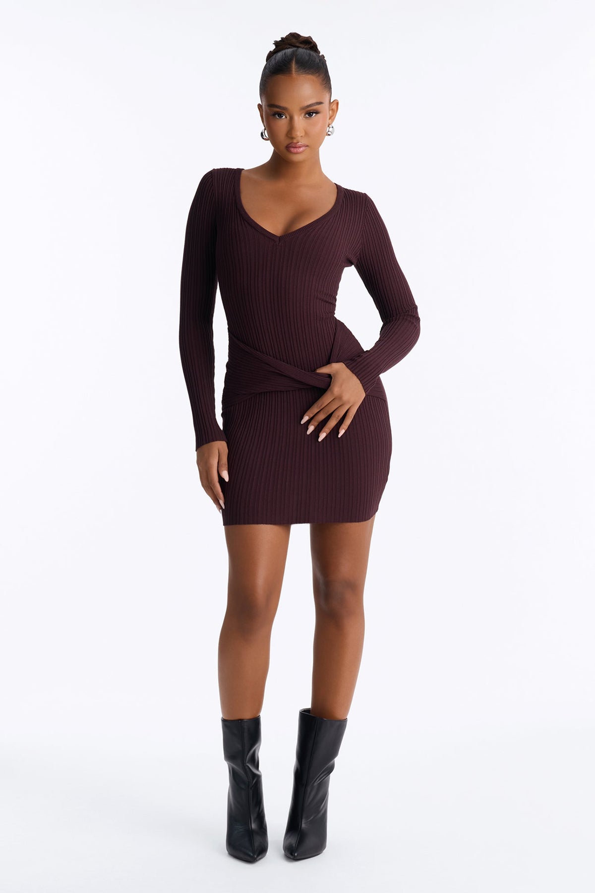 It's Giving Chic Twist Front Sweater Mini Dress - Chocolate