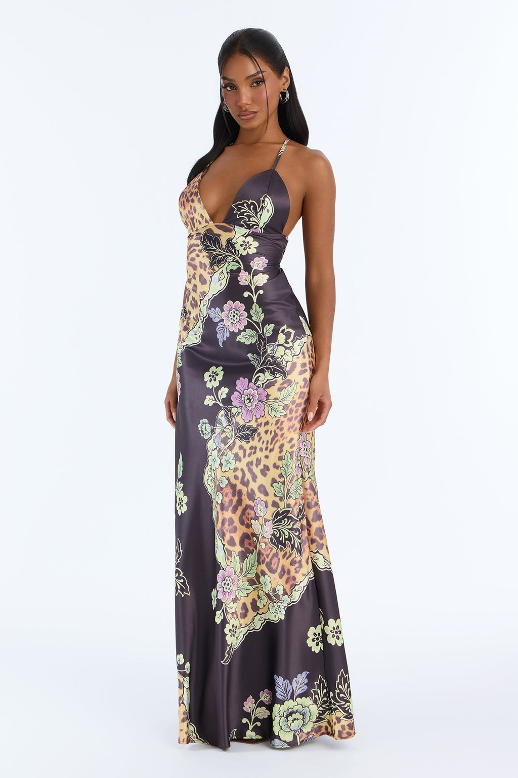 Body And Style Unmatched Satin Maxi Dress - Brown/combo