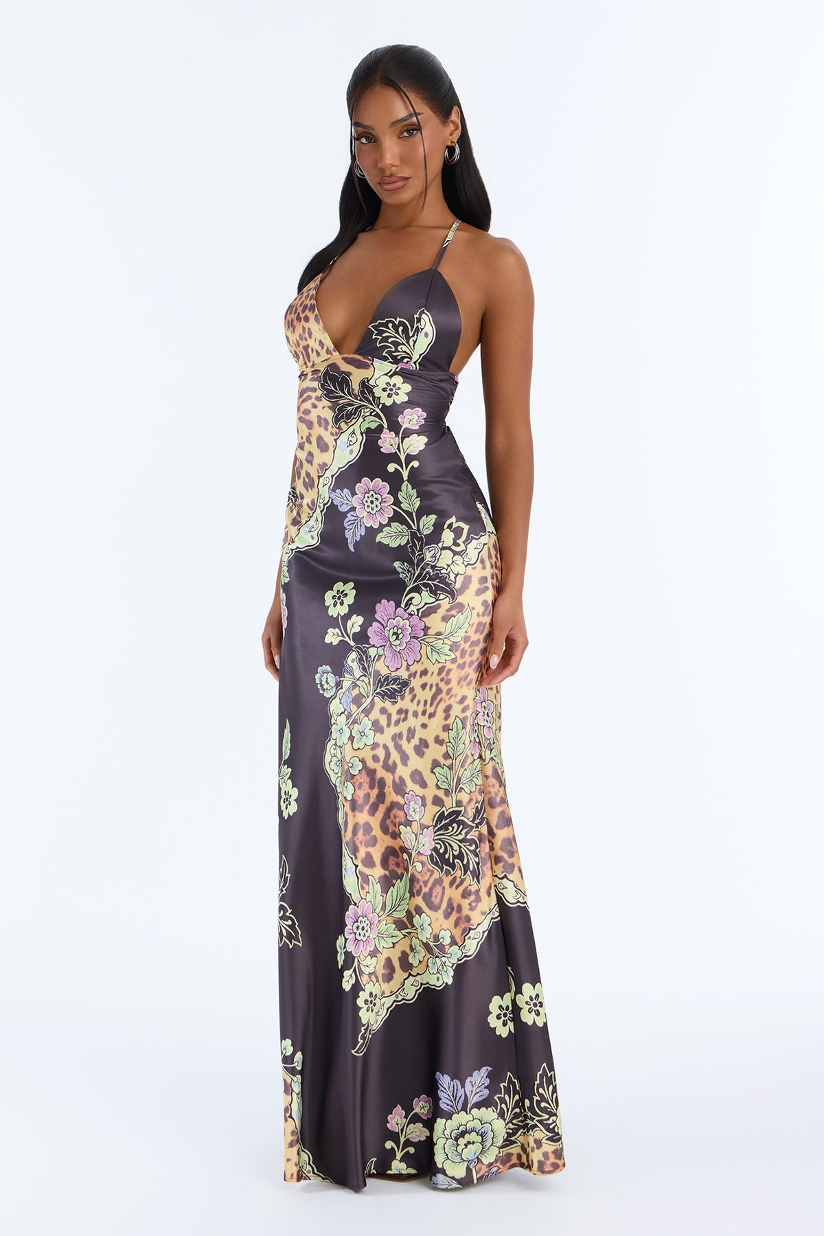 Body And Style Unmatched Satin Maxi Dress - Brown/combo