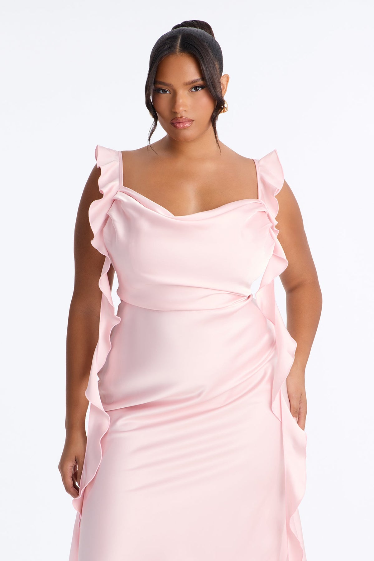Ever So Sweet Satin Ruffle Midi Dress - Pink