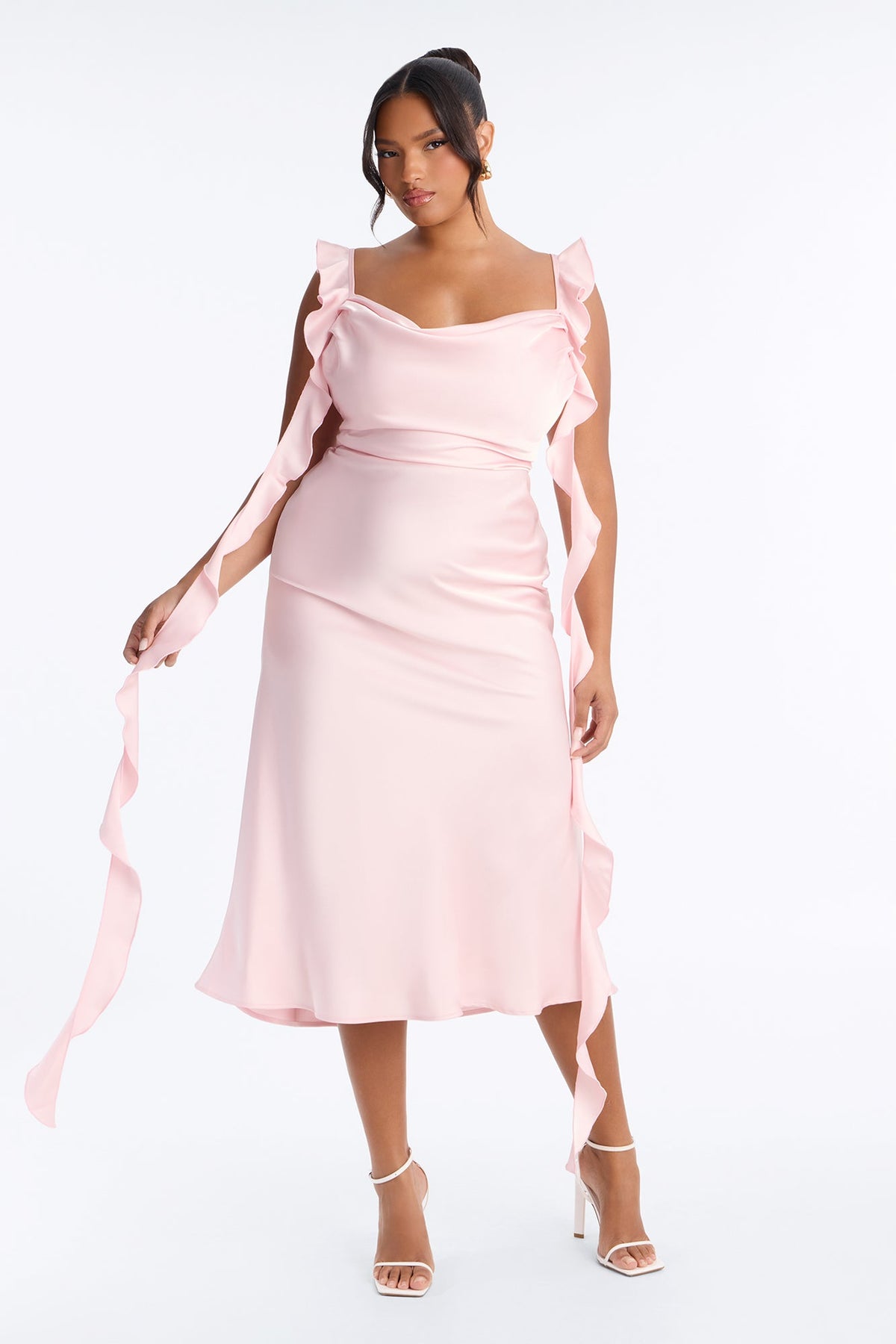 Ever So Sweet Satin Ruffle Midi Dress - Pink