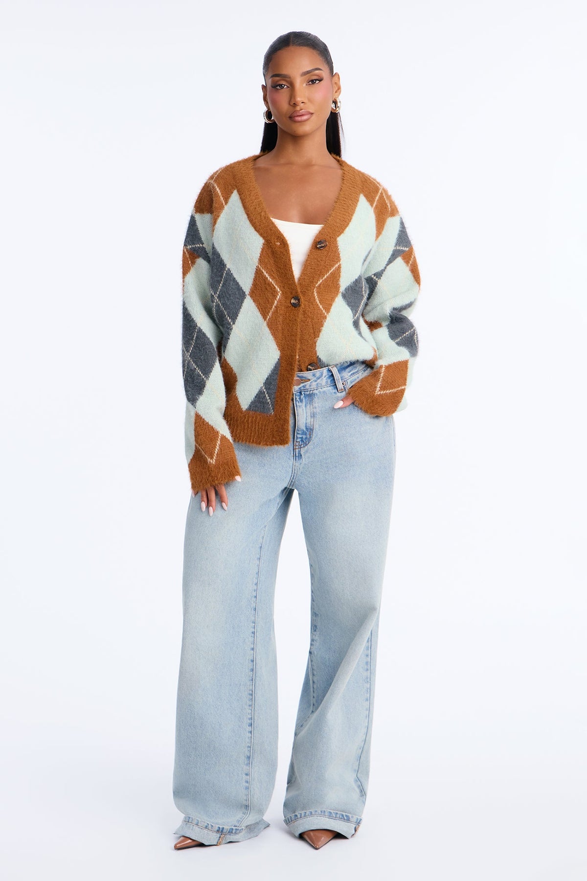 Preppy Girl Argyle Cardigan - Rust/combo