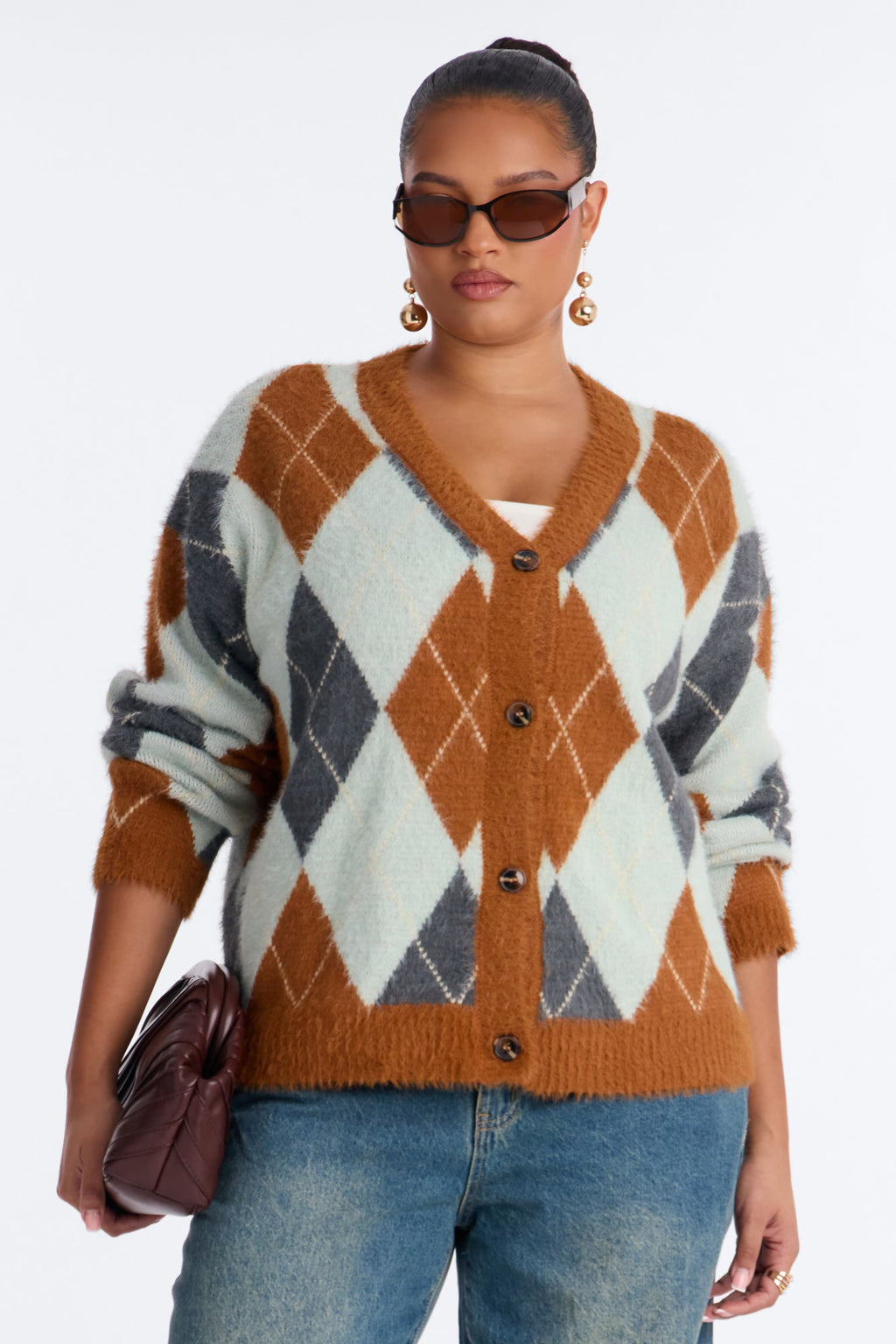 Preppy Girl Argyle Cardigan - Rust/combo