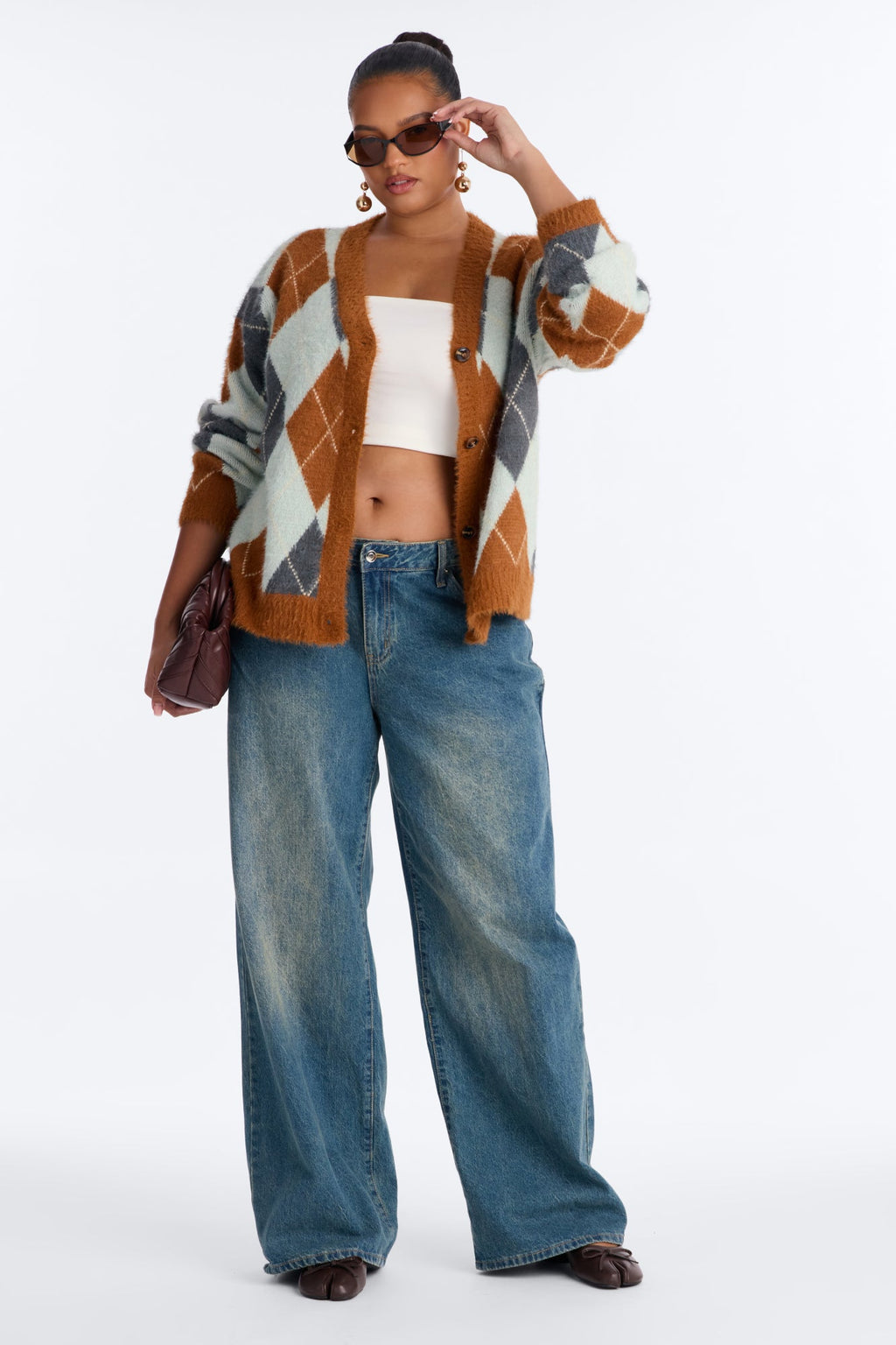 Preppy Girl Argyle Cardigan - Rust/combo