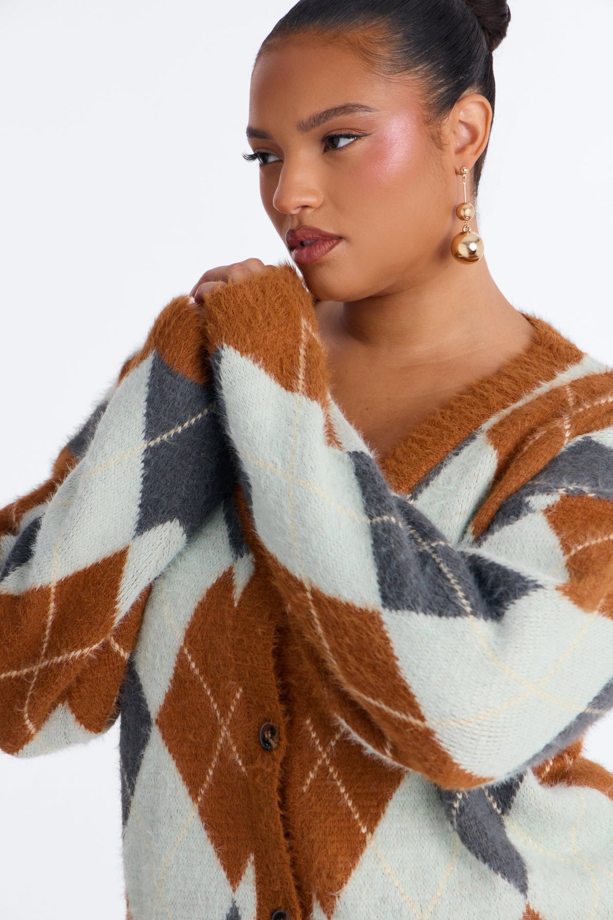 Preppy Girl Argyle Cardigan - Rust/combo
