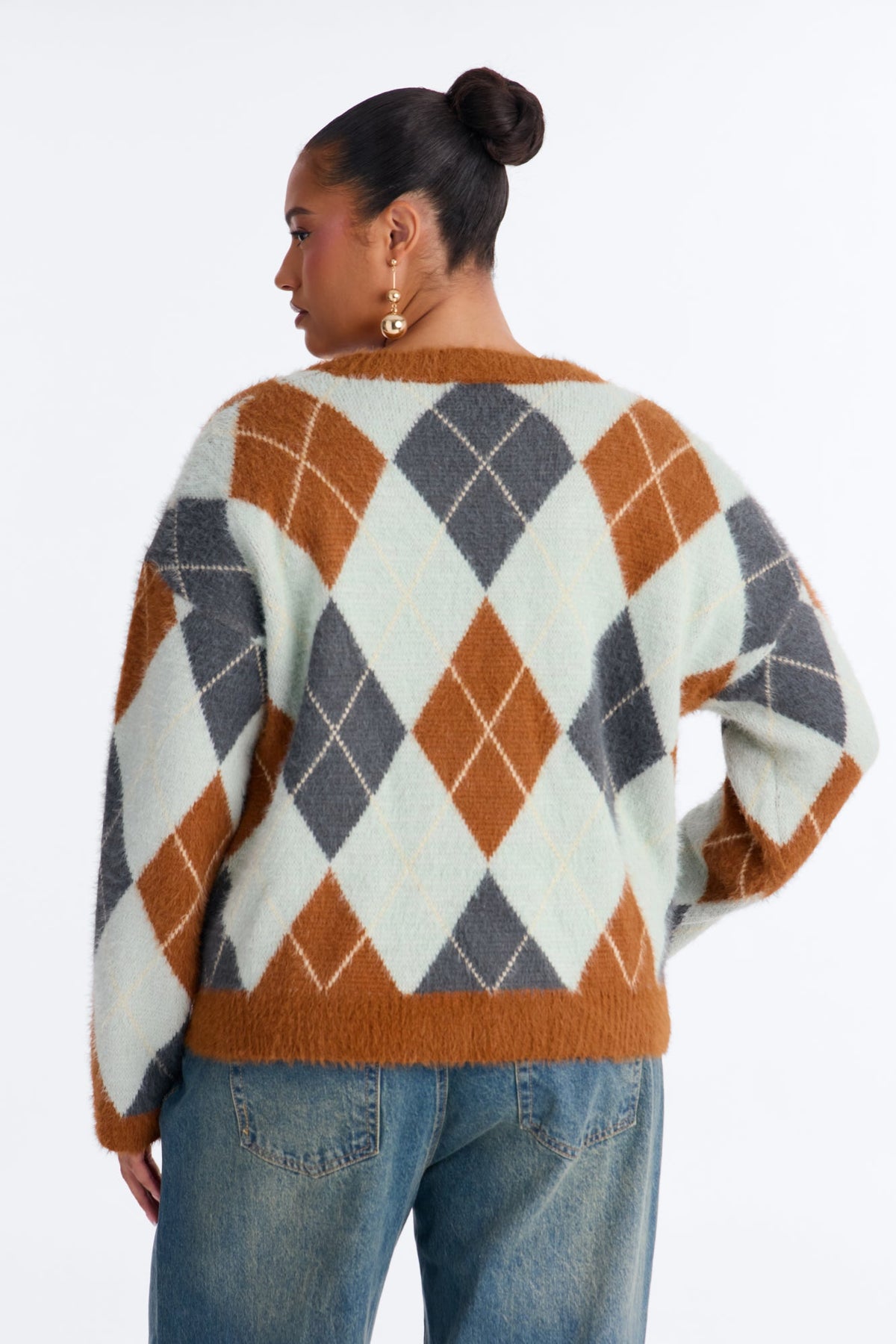 Preppy Girl Argyle Cardigan - Rust/combo