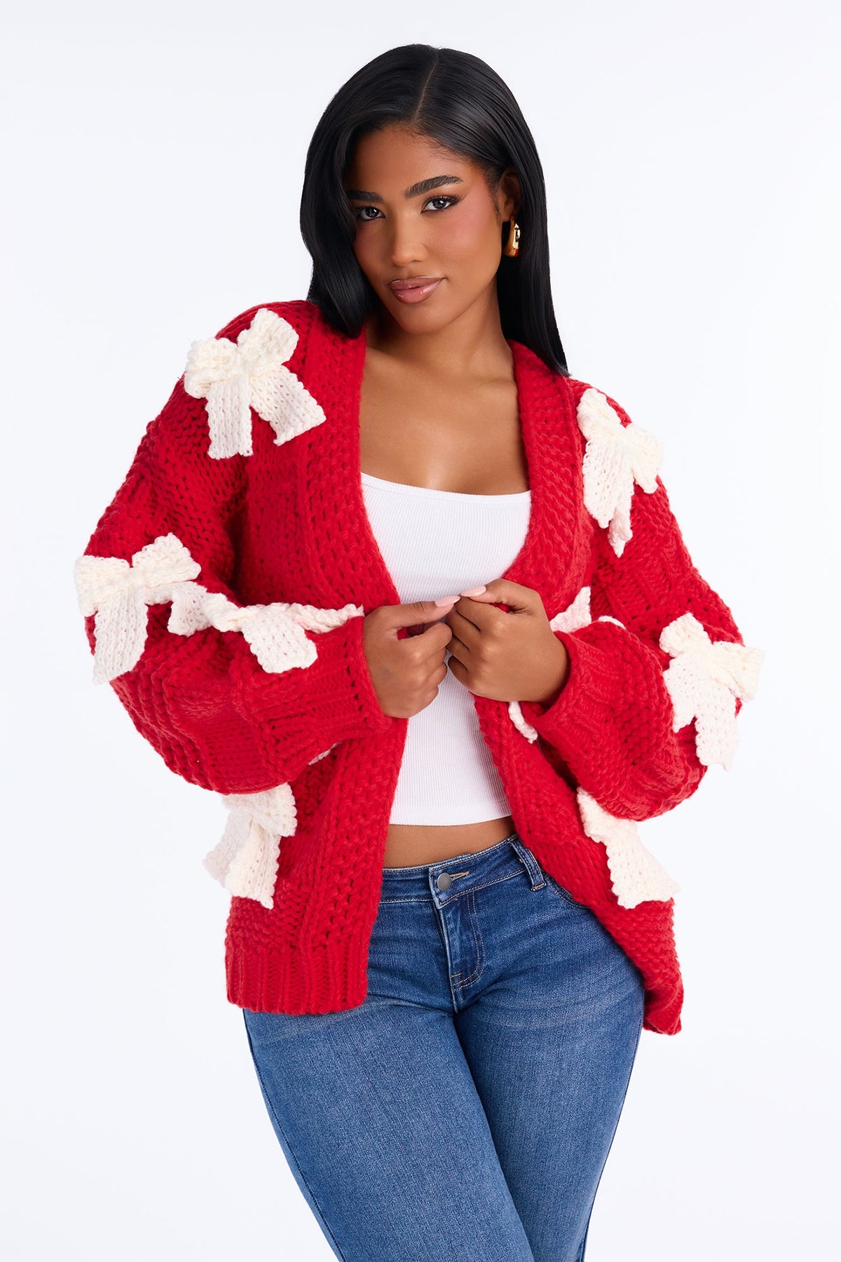 In My Bow Era Chunky Knit Cardigan - Red/White