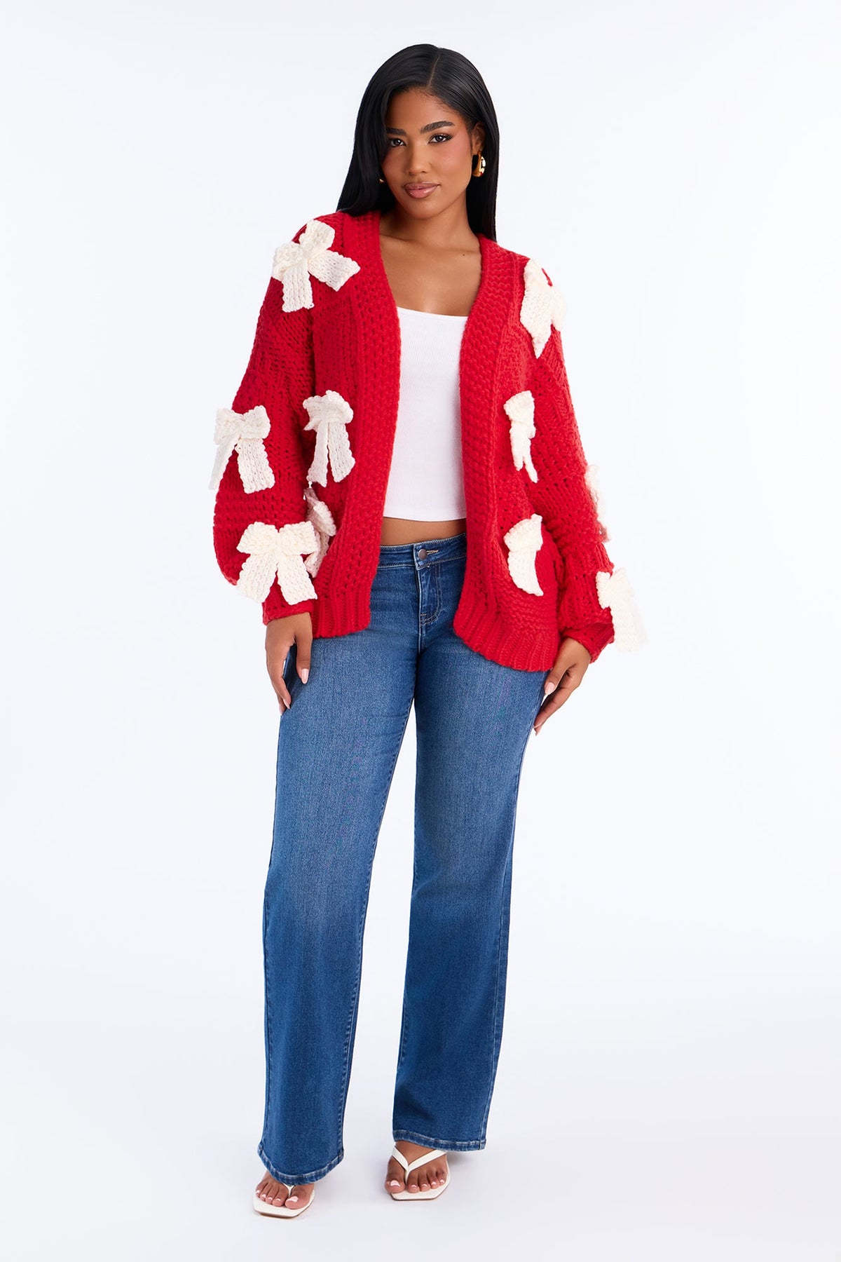 In My Bow Era Chunky Knit Cardigan - Red/White