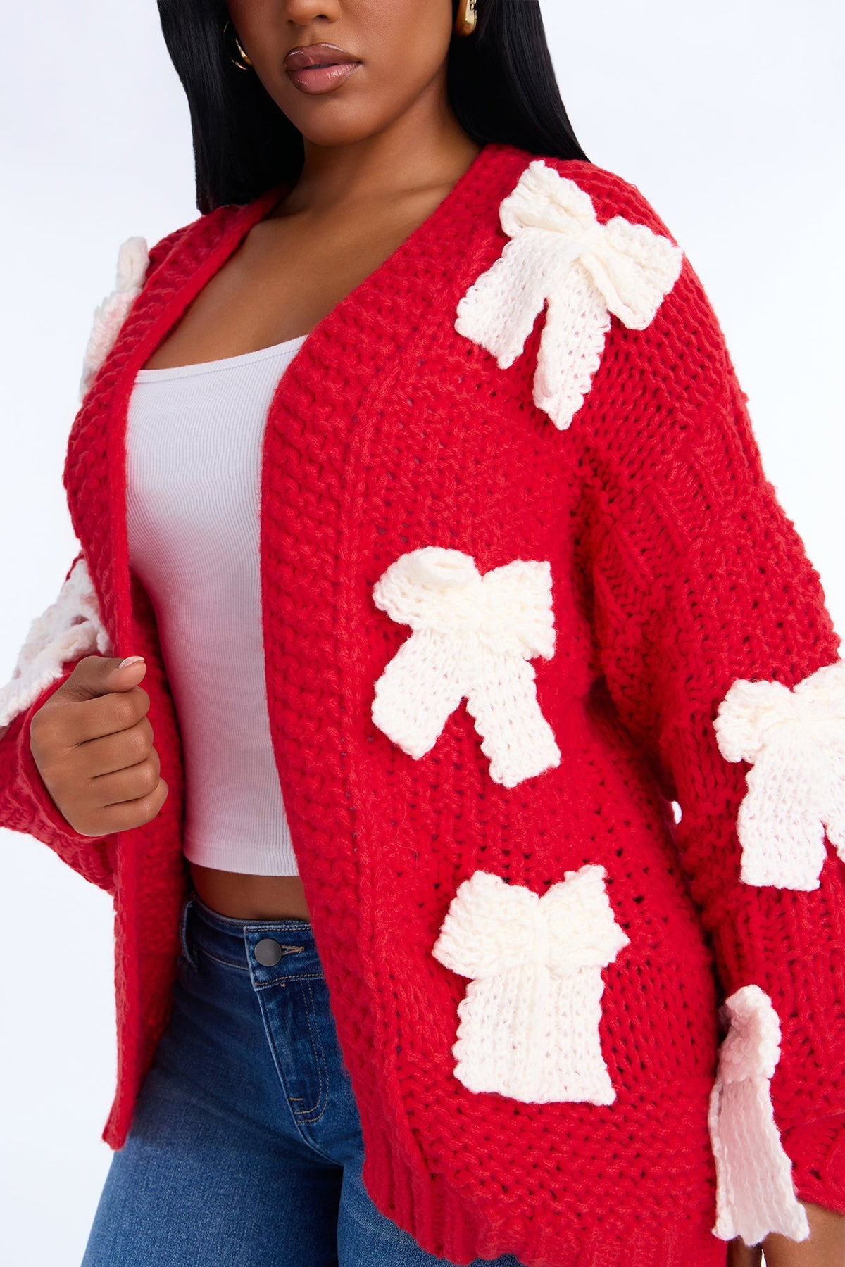 In My Bow Era Chunky Knit Cardigan - Red/White
