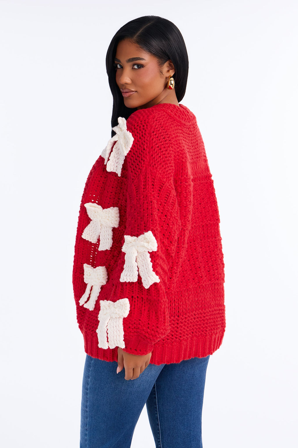 In My Bow Era Chunky Knit Cardigan - Red/White