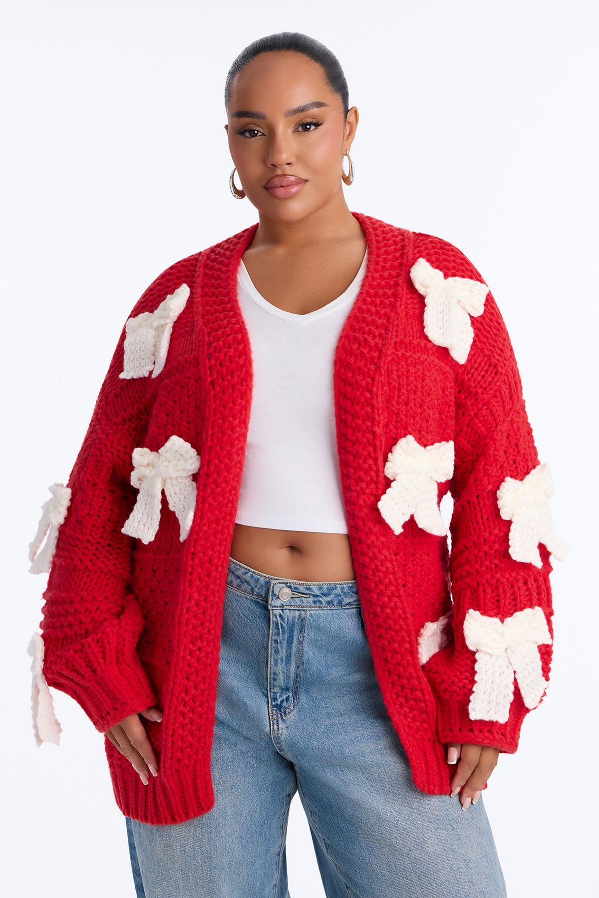 In My Bow Era Chunky Knit Cardigan - Red/White