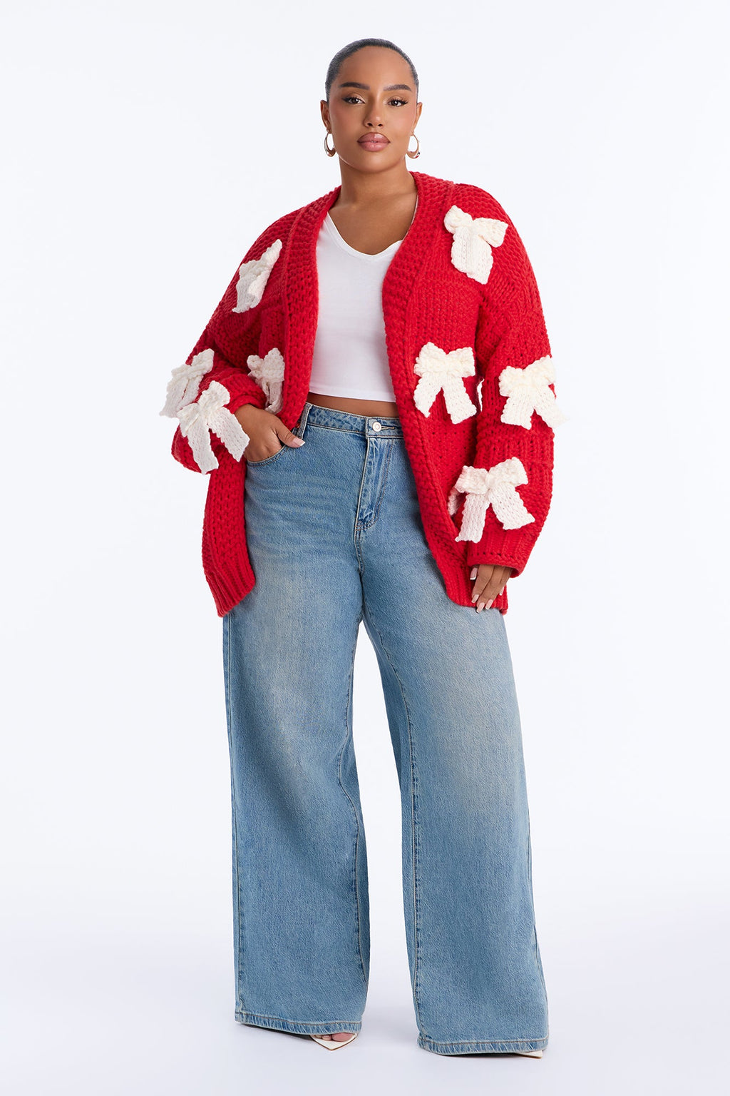 In My Bow Era Chunky Knit Cardigan - Red/White