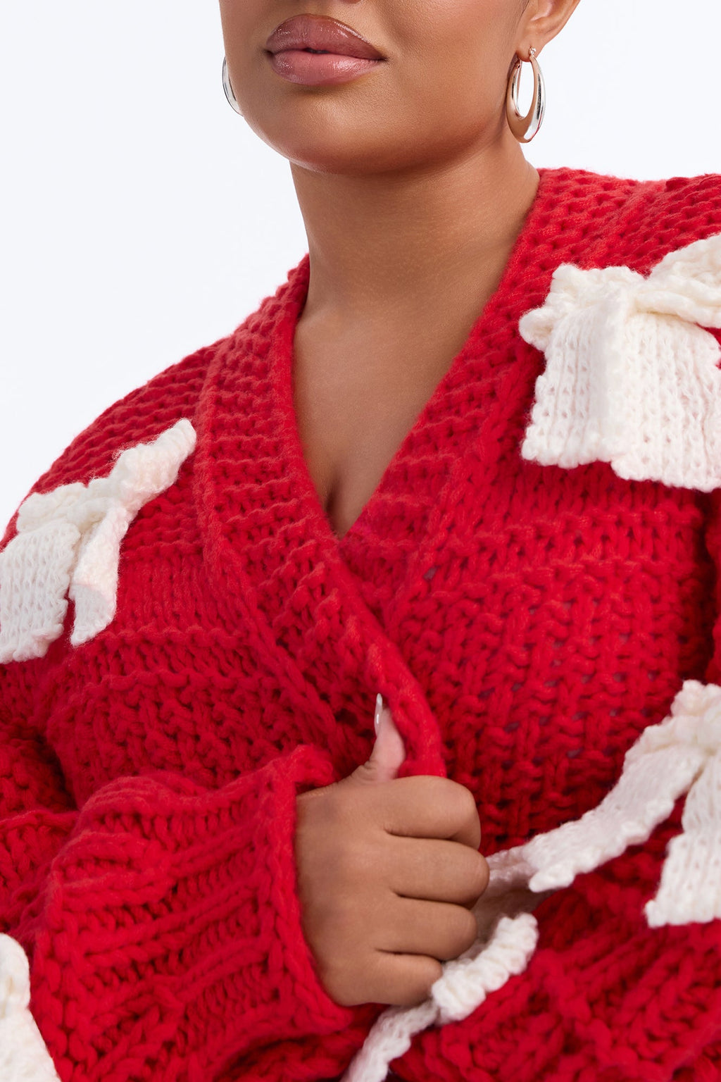 In My Bow Era Chunky Knit Cardigan - Red/White