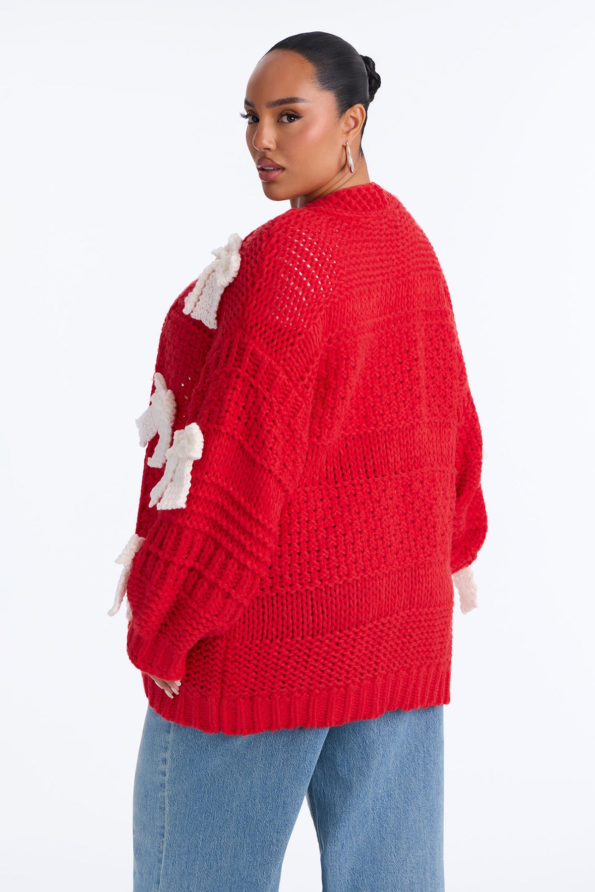 In My Bow Era Chunky Knit Cardigan - Red/White