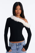 Ambi Faux Fur One Shoulder Pullover Sweater - Black/combo