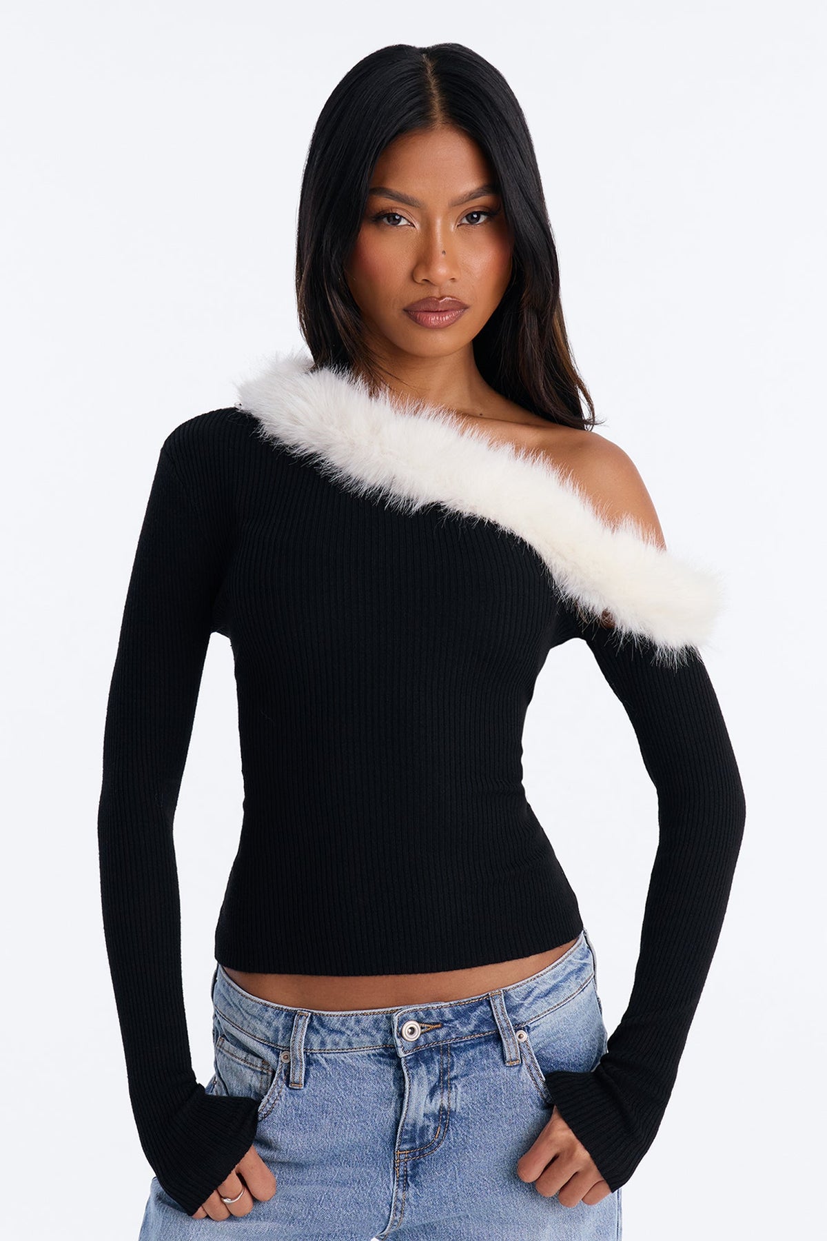 Ambi Faux Fur One Shoulder Pullover Sweater - Black/combo