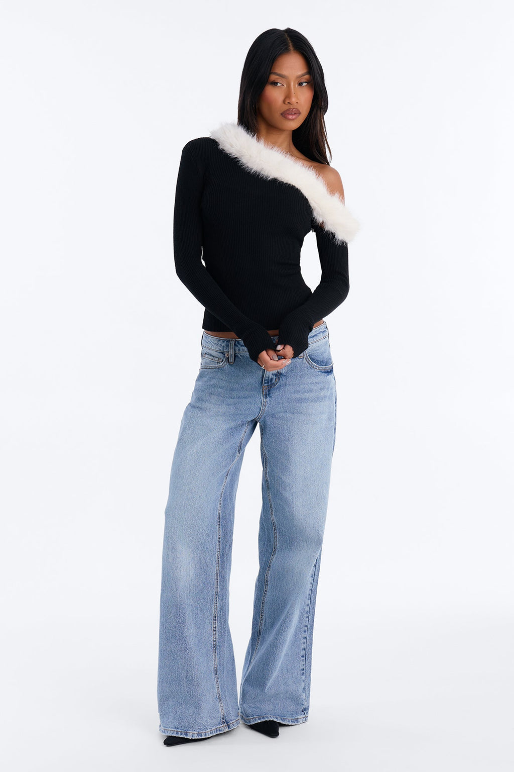 Ambi Faux Fur One Shoulder Pullover Sweater - Black/combo