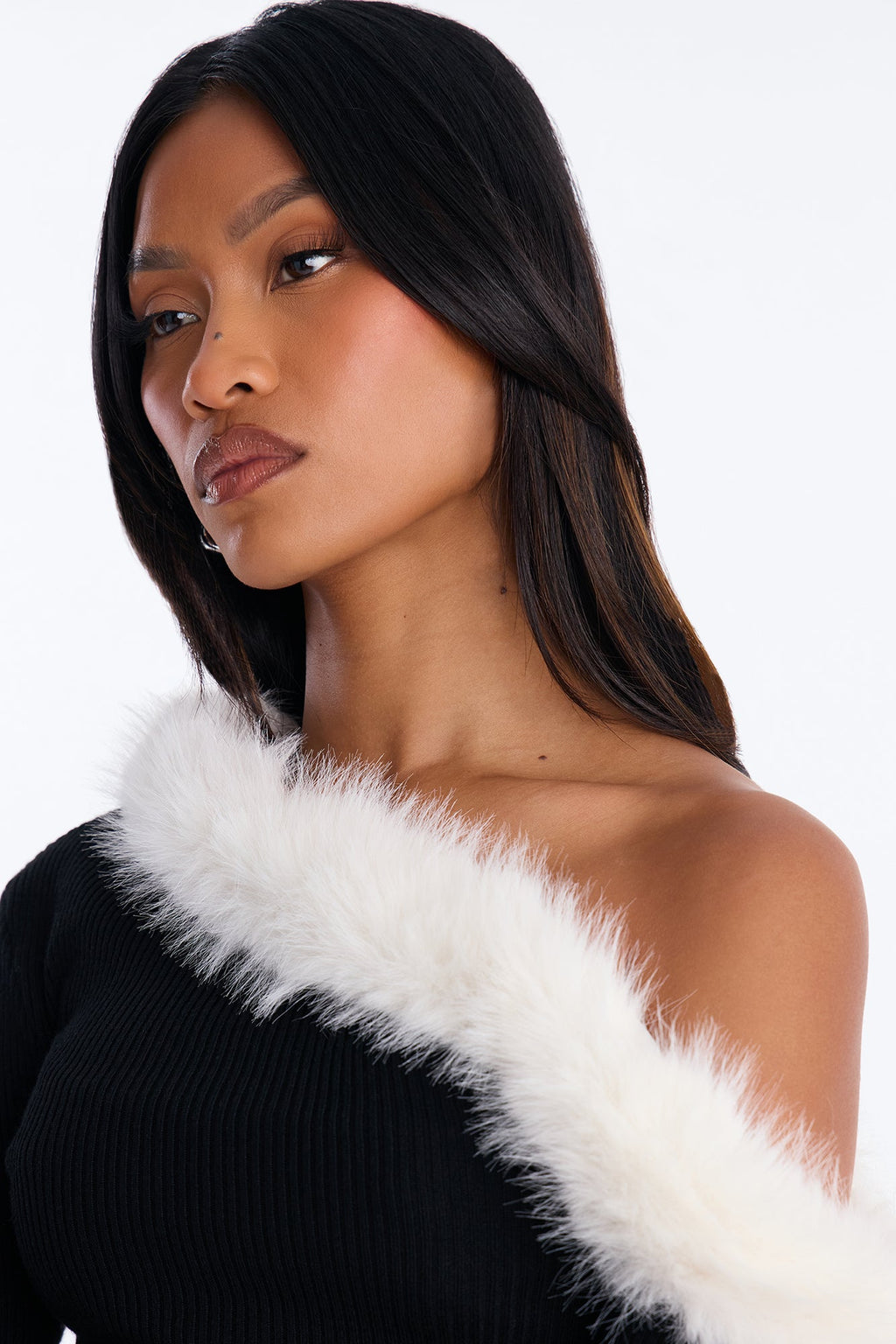 Ambi Faux Fur One Shoulder Pullover Sweater - Black/combo