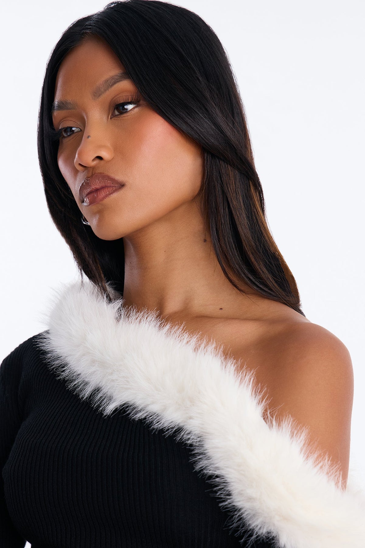 Ambi Faux Fur One Shoulder Pullover Sweater - Black/combo