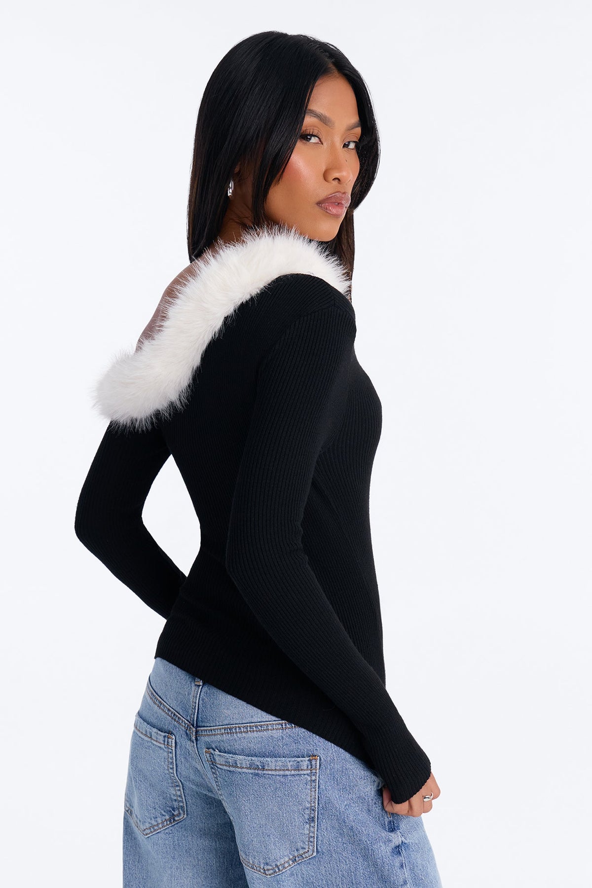 Ambi Faux Fur One Shoulder Pullover Sweater - Black/combo
