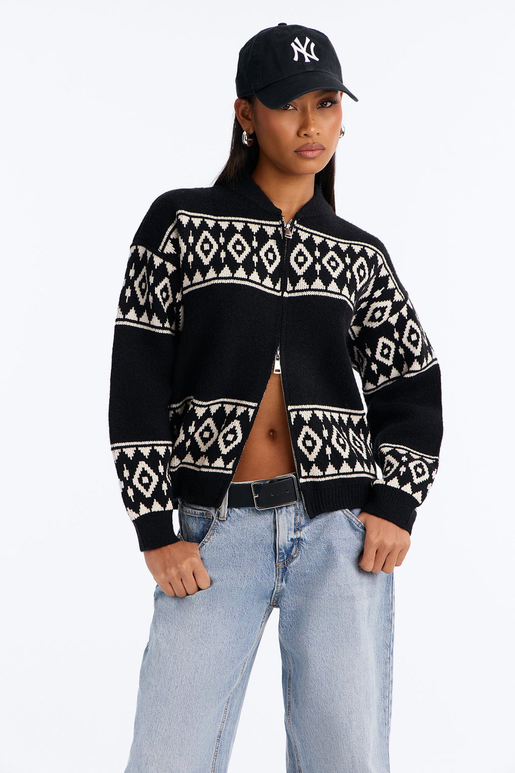 Sasha Tribal Front Zip Cardigan Sweater - Black/combo