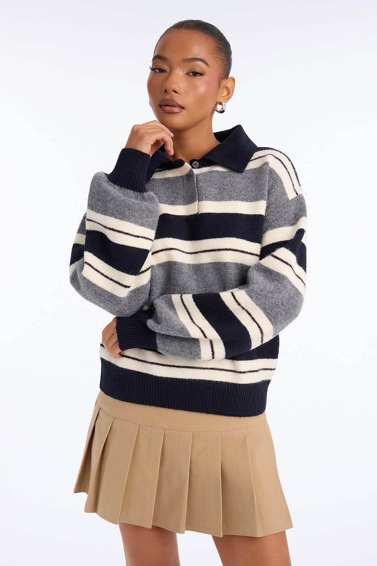Riley Striped Quarter Button Up Polo Sweater - Grey/combo