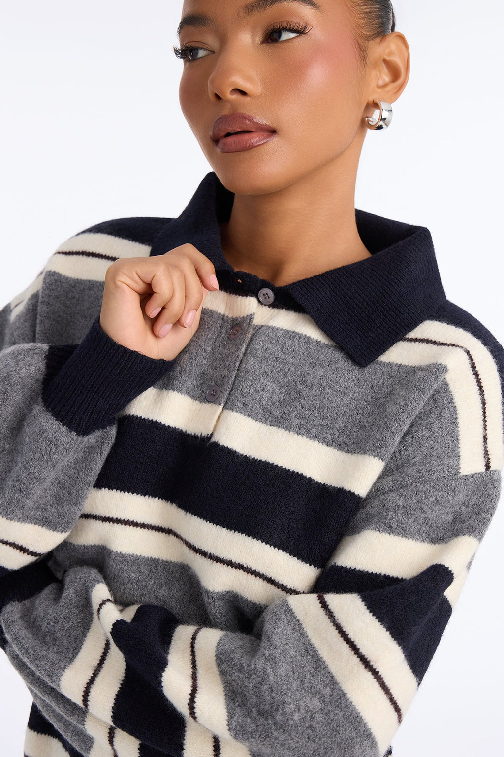Riley Striped Quarter Button Up Polo Sweater - Grey/combo