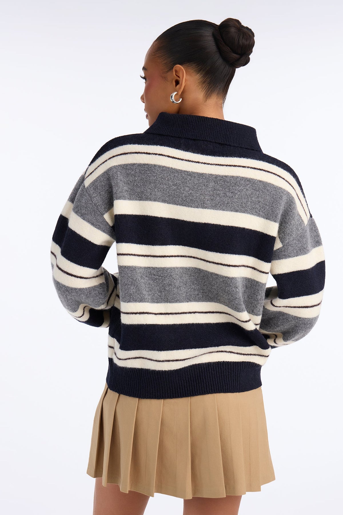 Riley Striped Quarter Button Up Polo Sweater - Grey/combo