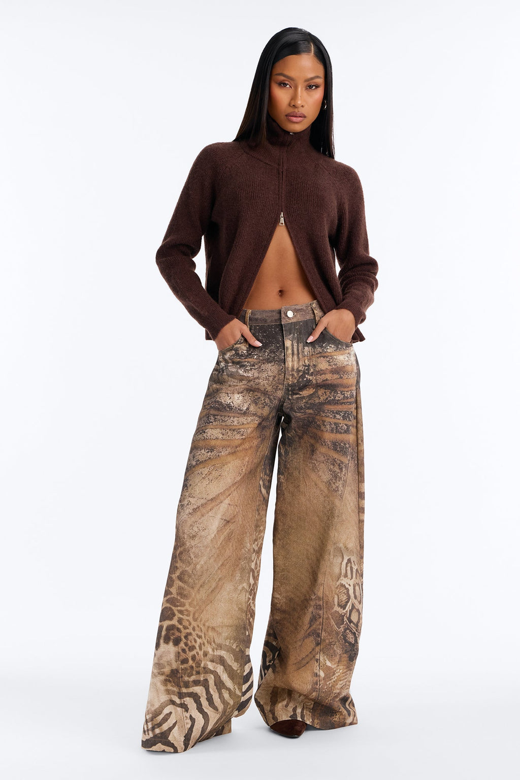 Livi Funnel Neck Front Zip Sweater - Brown