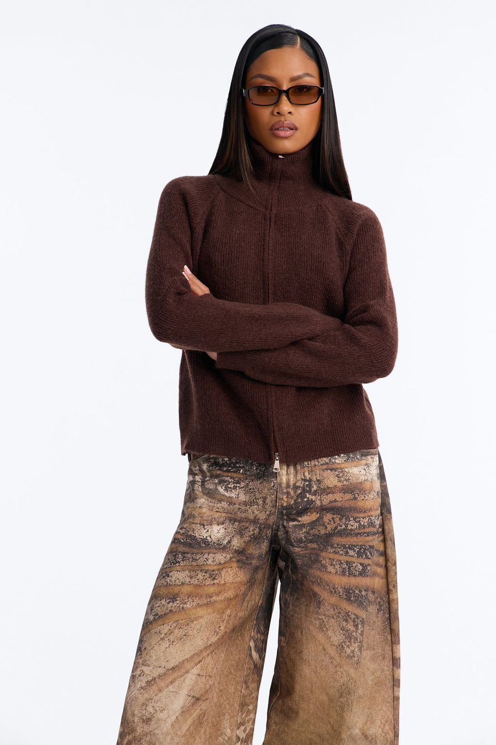 Livi Funnel Neck Front Zip Sweater - Brown