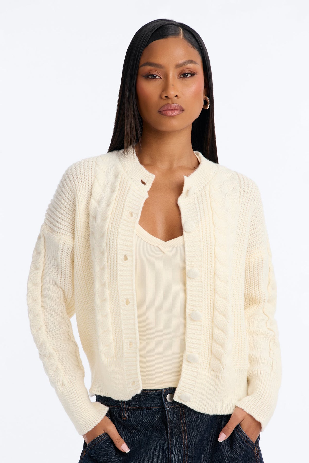 Winter Feels Cable Knit Button Up Cardigan - Ivory