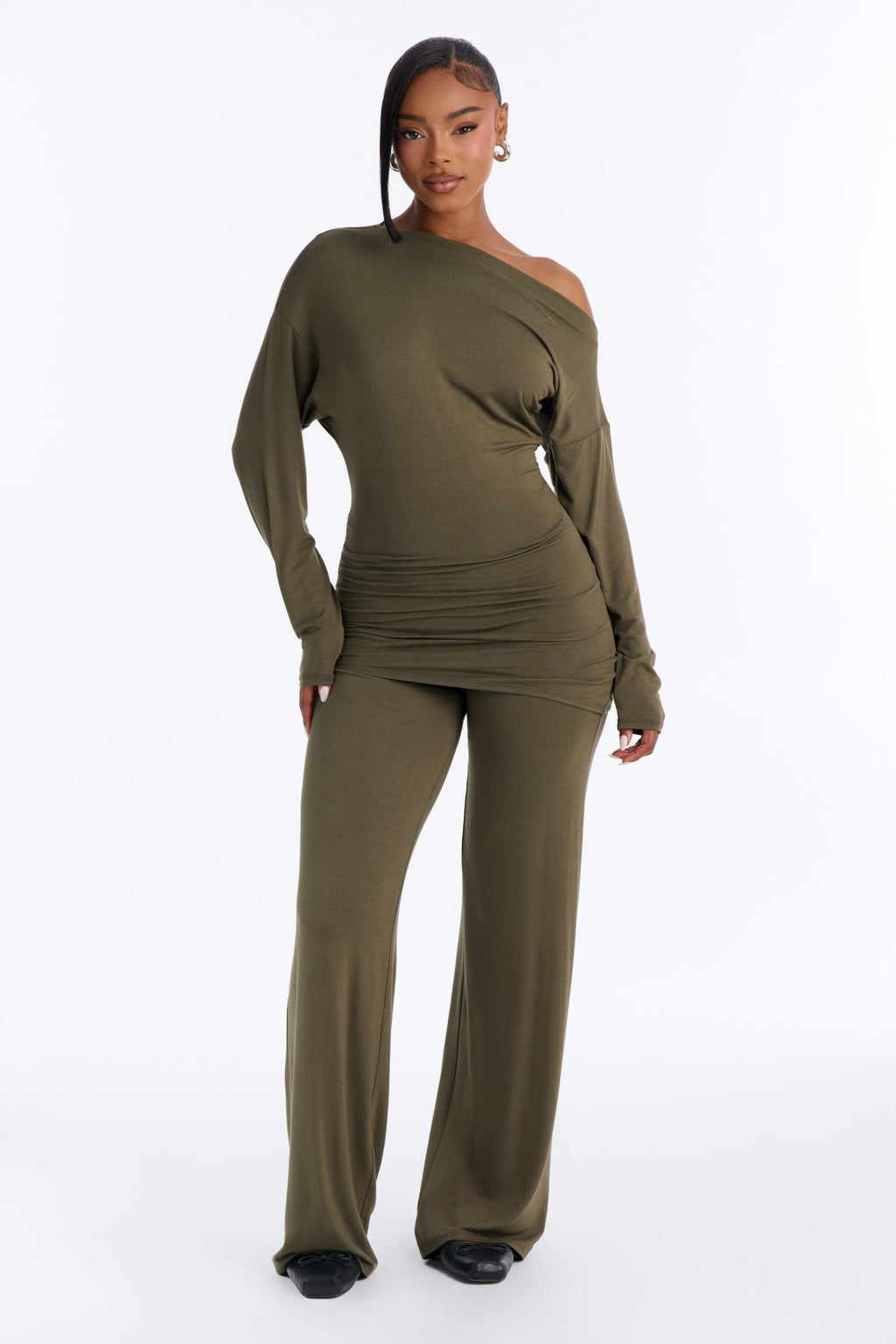 Daniella Off Shoulder Pant Set - Olive