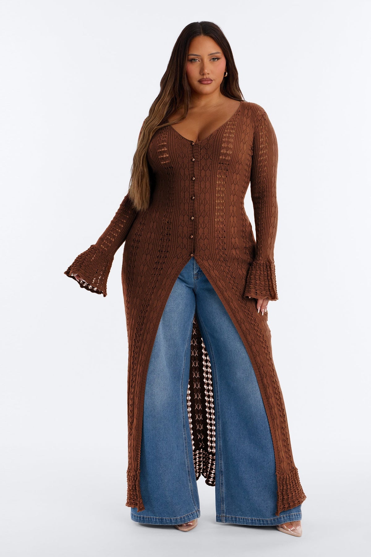 Geena Long Pointelle Cardigan Sweater - Chocolate