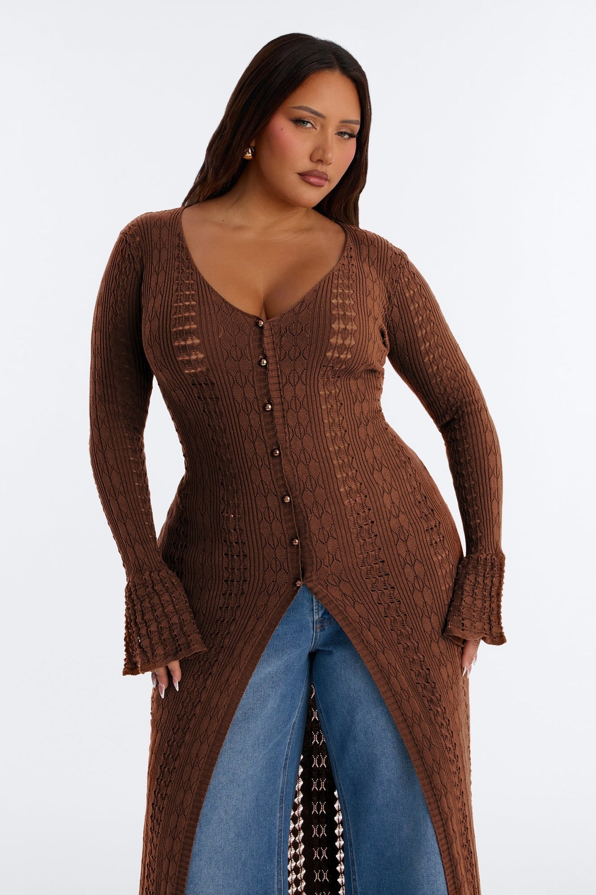 Geena Long Pointelle Cardigan Sweater - Chocolate