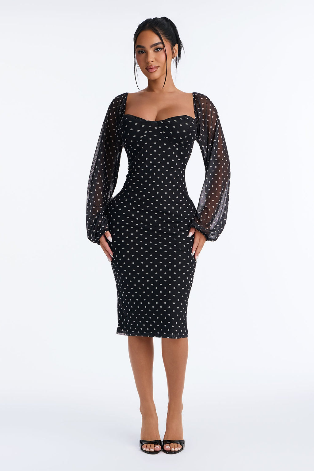 Cute Date Puff Sleeve Midi Dress - Black/White