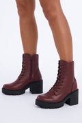 Dallas Lace Up Combat Booties - Burgundy