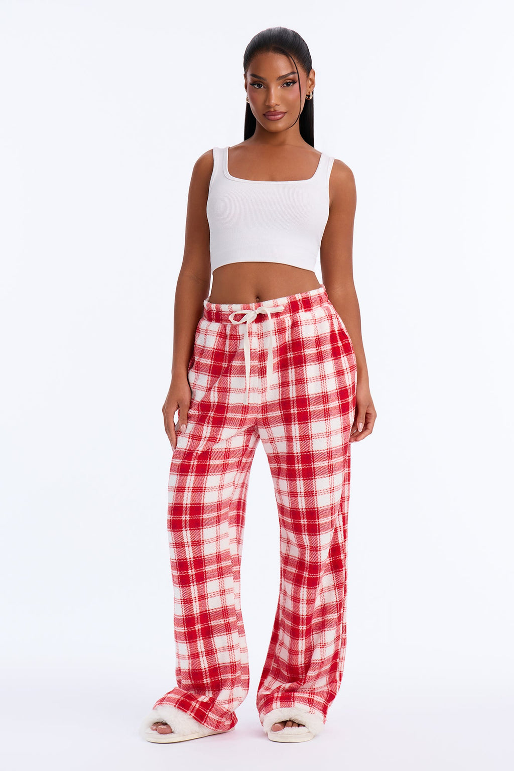 Chill Checkered Cozy Wide Leg Plush PJ Pant - Red/White