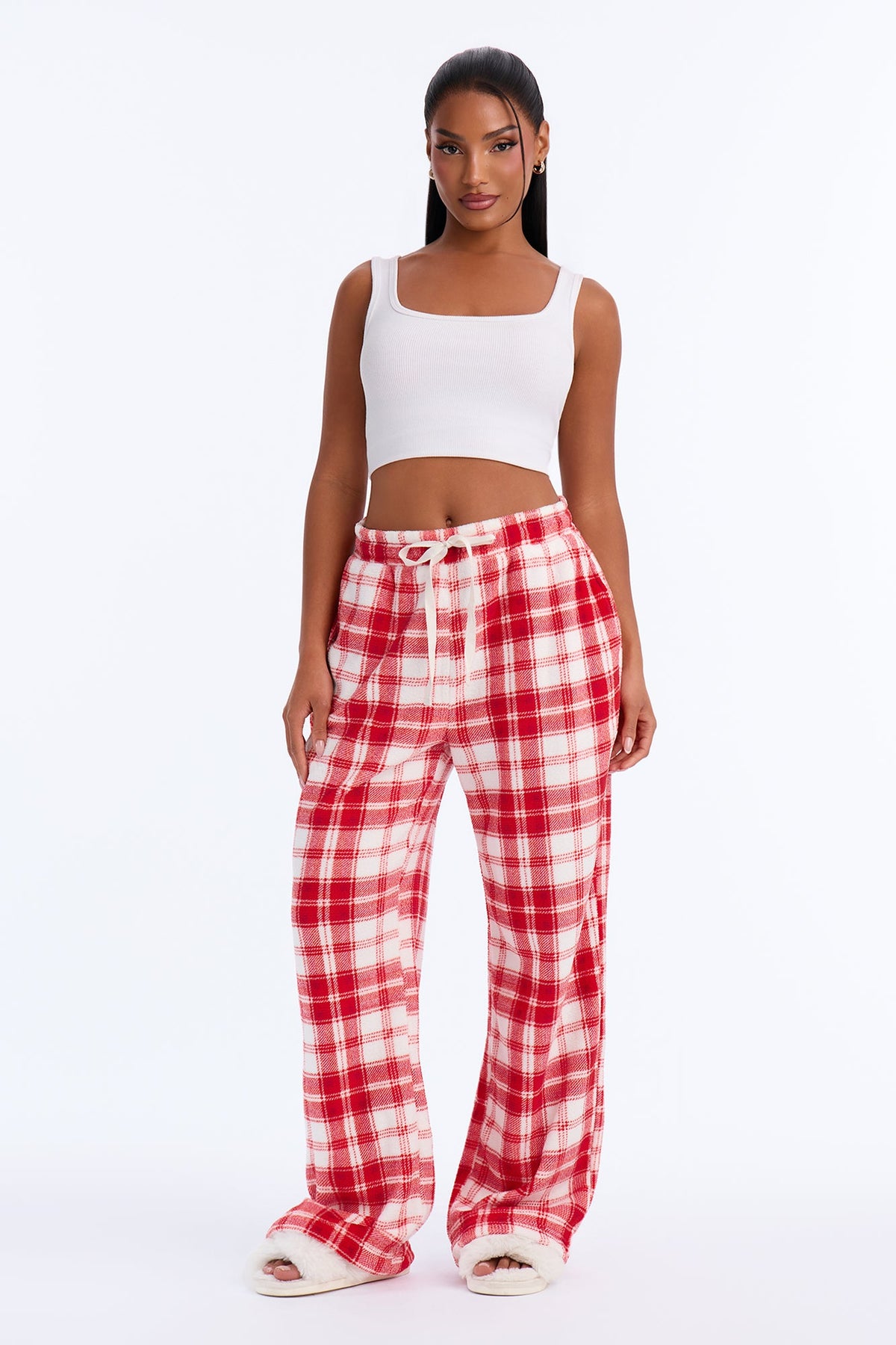 Chill Checkered Cozy Wide Leg Plush PJ Pant - Red/White