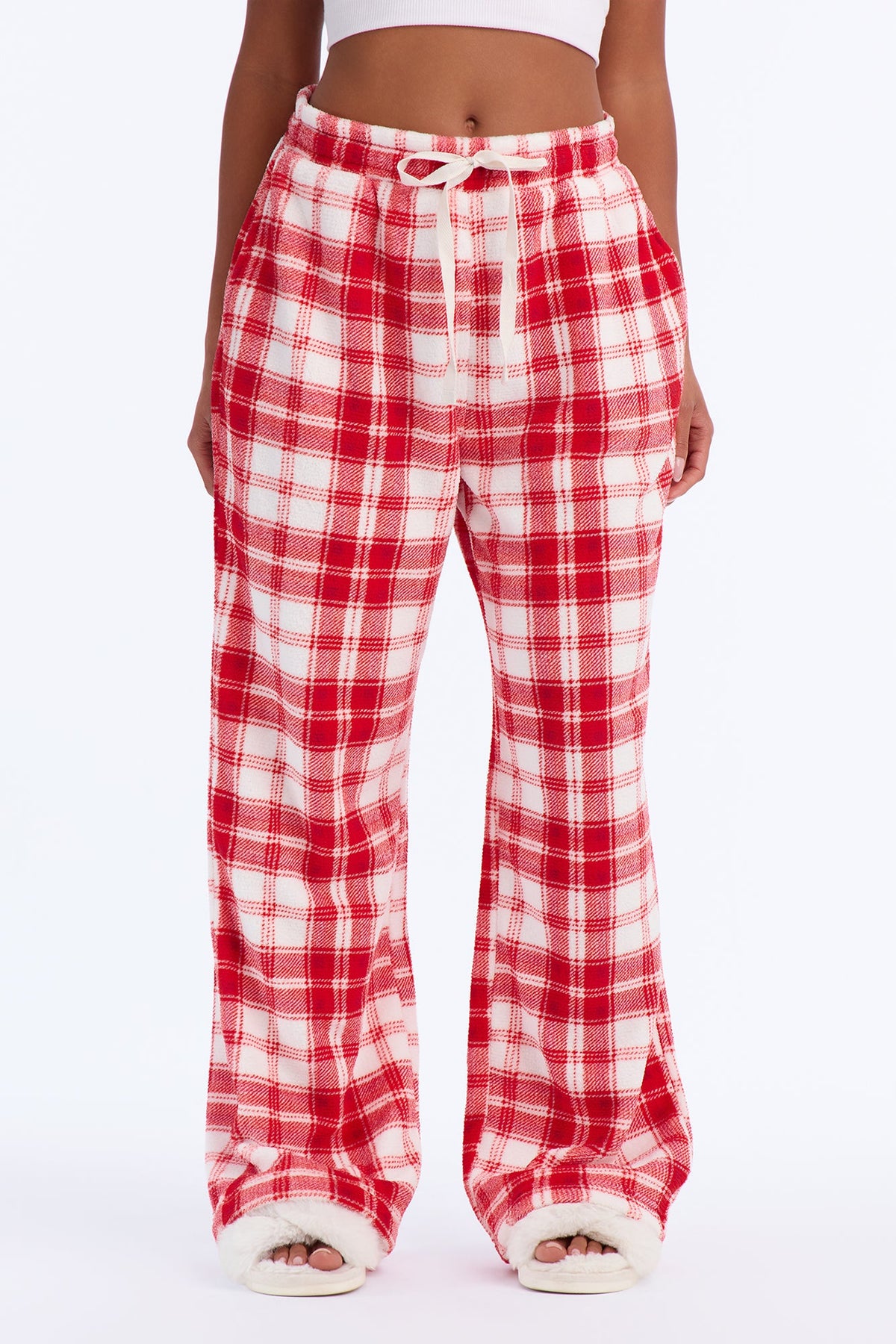 Chill Checkered Cozy Wide Leg Plush PJ Pant - Red/White
