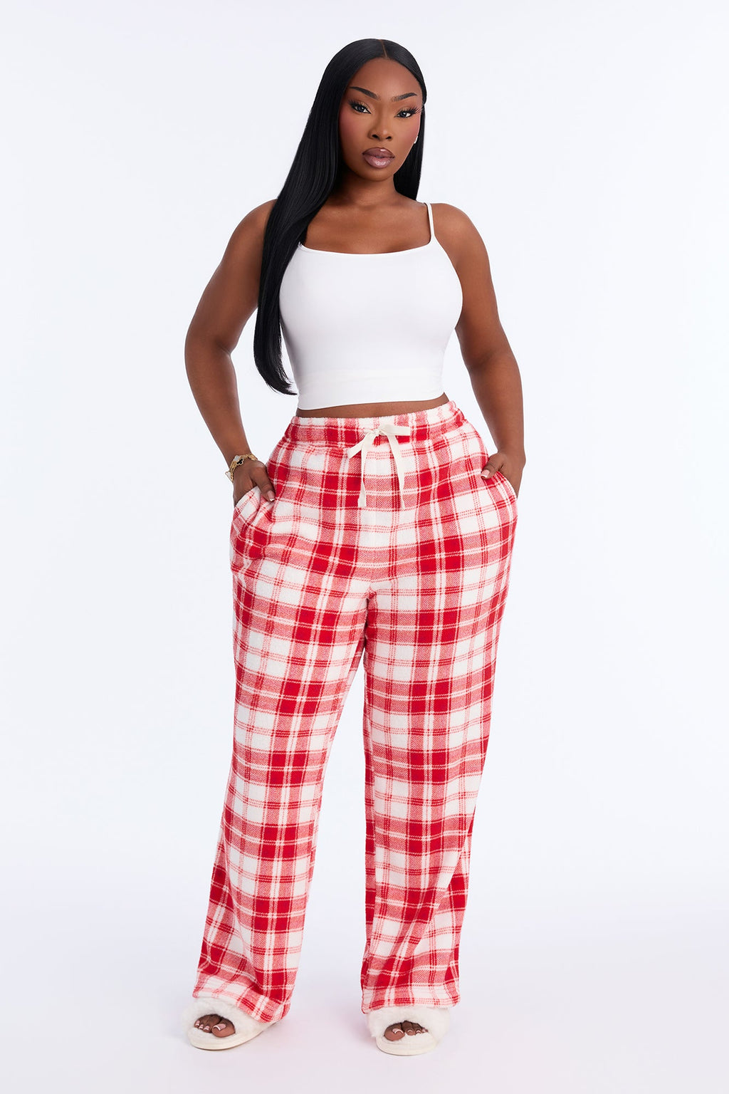 Chill Checkered Cozy Wide Leg Plush PJ Pant - Red/White