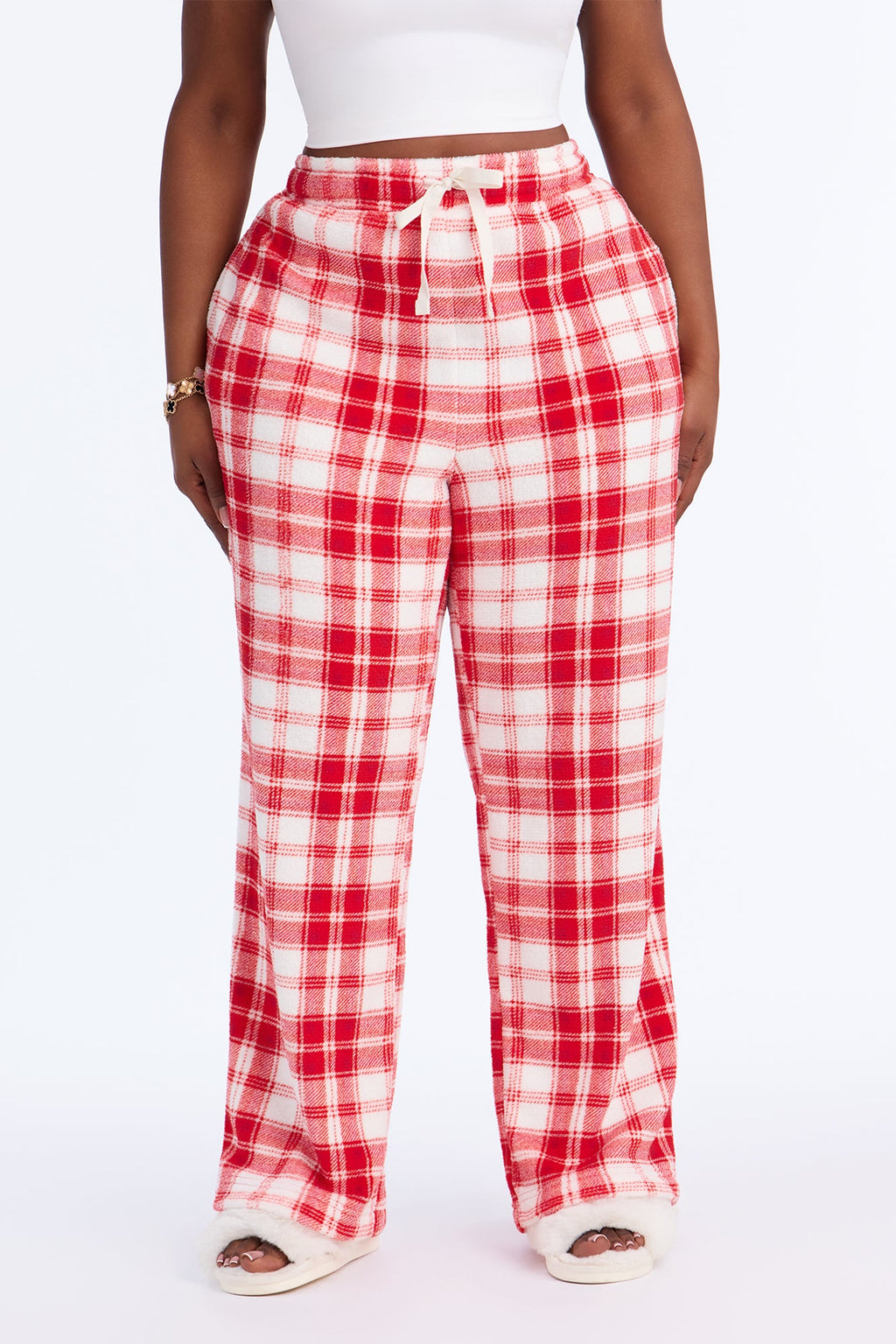 Chill Checkered Cozy Wide Leg Plush PJ Pant - Red/White
