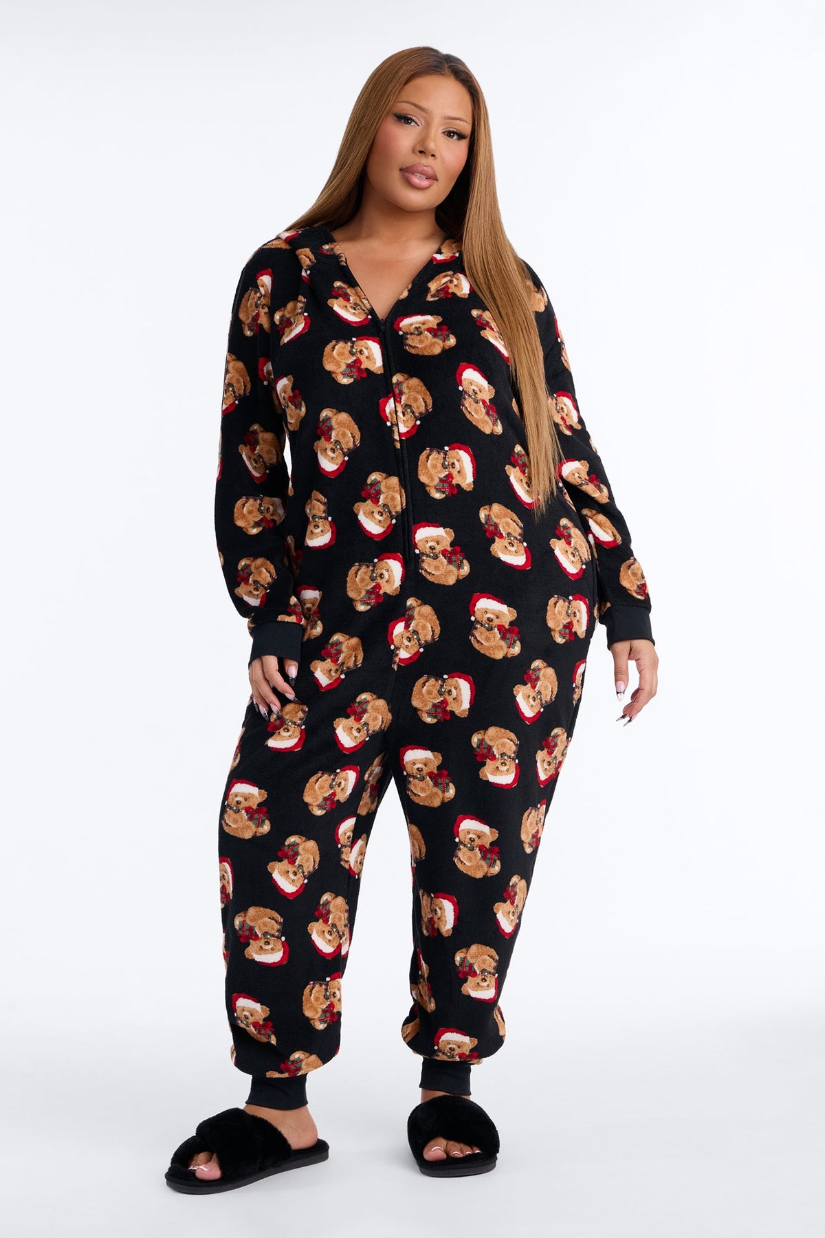 Teddy Bear Santa Plush Matching Family PJ Jumpsuit Onesie - Black/combo
