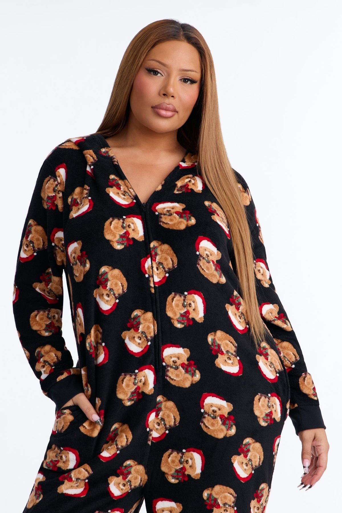Teddy Bear Santa Plush Matching Family PJ Jumpsuit Onesie - Black/combo