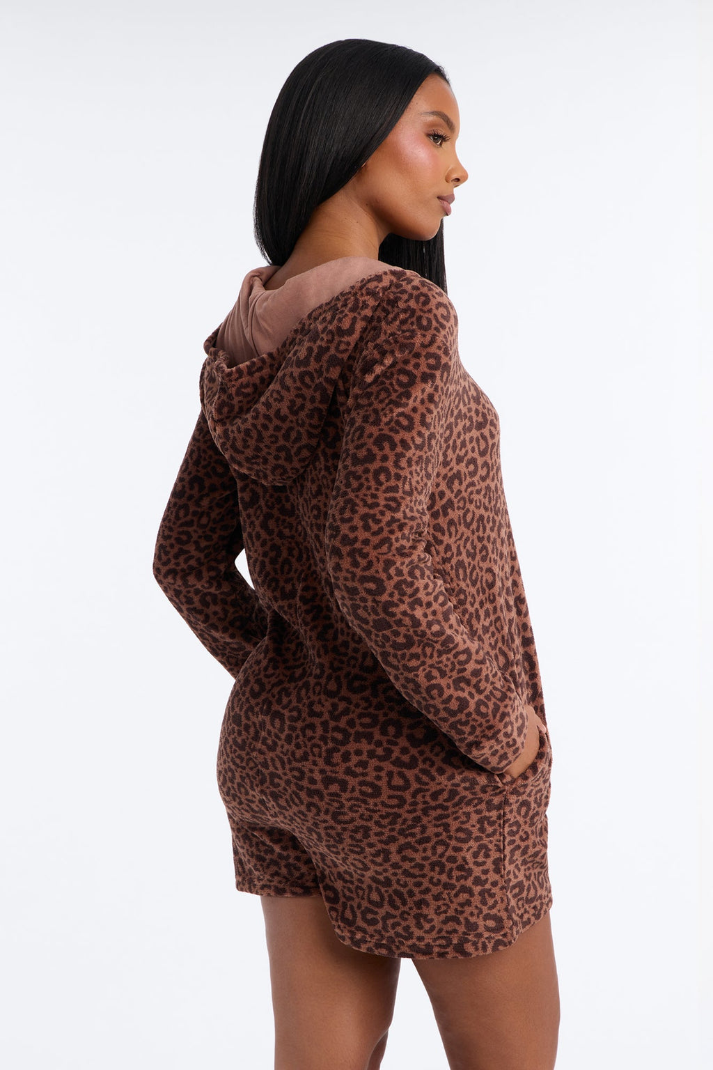 Hot Cocoa Sips Leopard Plush Hooded PJ Romper - Leopard