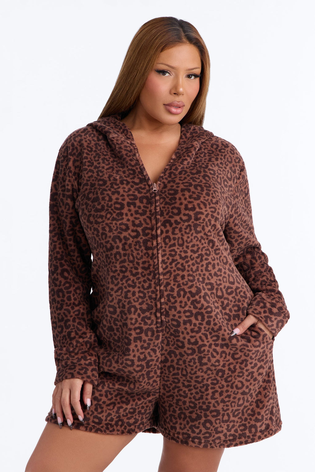 Hot Cocoa Sips Leopard Plush Hooded PJ Romper - Leopard